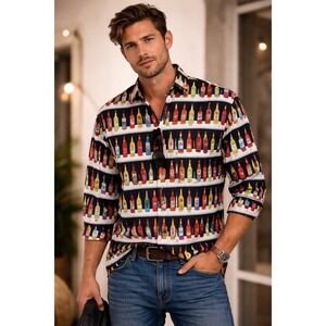 Roughrider Circle S Mens Beer Bottle Novelty Print Button Down Shirt Black XL